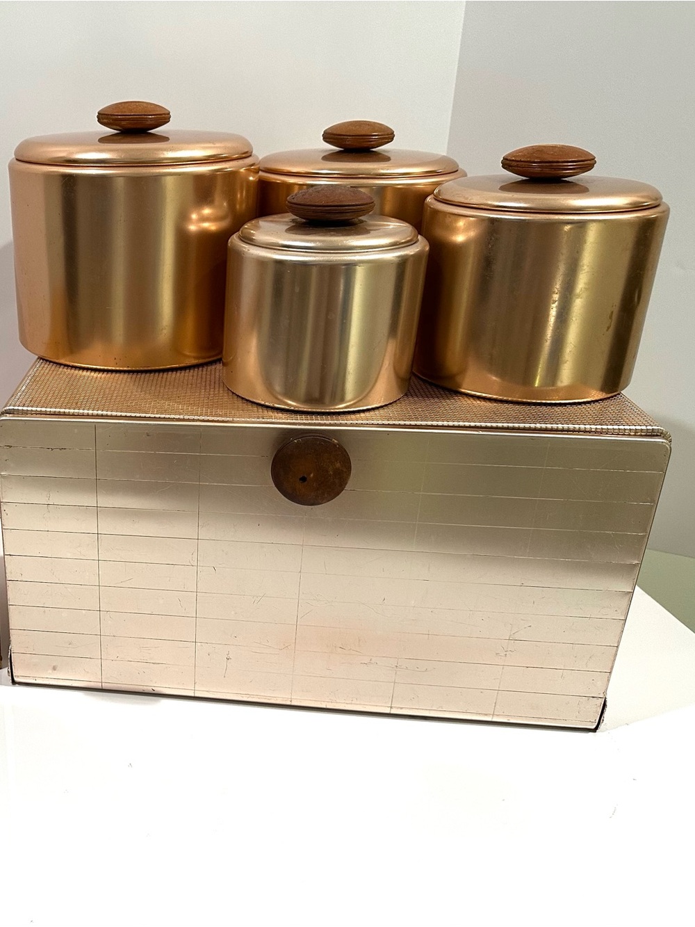 Vintage MIRRO Aluminum Bread Box & 4 Kitchen Canisters Rose Pink Copper
